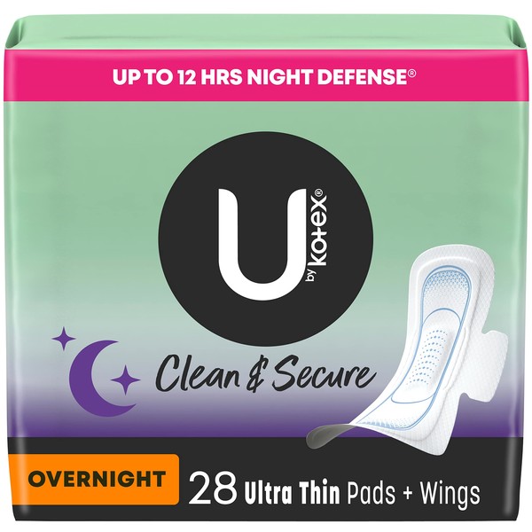 U by Kotex Clean & Secure Ultra Thin Overnight Pads with Wings (Previously 'Security'), 28 Count (Packaging May Vary)
