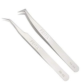 Precision Eyelash Extension Tweezers Set - FEITA Professional Tilt & Bend Curve Tweezers 3D 4D 6D Eyelash Stretch - Silver - 2pcs