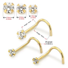 AZARIO LONDON 14K Yellow Gold Prong Set 2.5MM Round CZ Stone 20 Gauge Nose Screw Nostril Piercing