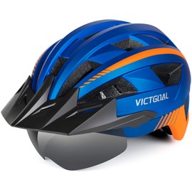 Victgoal Bike Helmet, MTB Mountain Bike Helmet with Magnetic Visor, Removable Sun Visor Cap and LED Rear Light, Cycling Helmet Racing Bike Helmet for Adults Men’s / Women’s (XL: 59 - 63 cm – Blue)