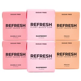 Refresh Plant Based Gum Fruit Variety Pack, Sugar Free, Long Lasting Chewing Gum with Stevia, Xylitol, Natural Flavors & Organic Ingredients, Non GMO, Raspberry, Bubble Gum & Peach Variety Pack, 12 Pcs, 6 Pack