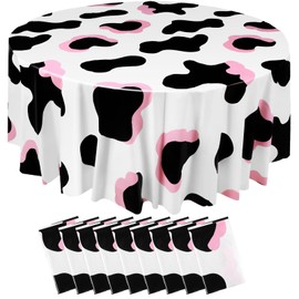 Oudain 9 Pcs Pink Cowgirl Cow Themed Table Cover Plastic Round Cow Themed Tablecloth 84 Inch Farm Animal Tablecloth Disposable Black White Cow Tablecloth for Kids Picnic Birthday Party Supplies