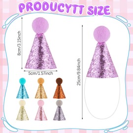 Soulchen 7 Pcs Mini Party Hats 3.15 Inch for 17cm Doll Stuffed Animals Tiny Cone Hats with Pom Poms Glitter for Doll Birthday Party Decor Costume Accessories