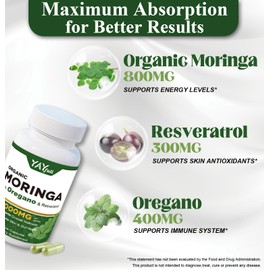 YAYFULL YAYFULL Moringa Capsules - Pure Nutrient Rich Moringa Powder, 180 Organic Moringa Capsules for Women Man, Complete Green Superfood Moringa Leaves for Energy, Skin Health, Metabolism, Immune Support