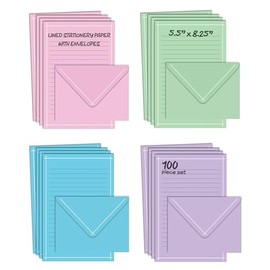 Better Office Products Mini juego de papelería, juego de 100 piezas (50 hojas forradas + 50 sobres a juego), 4 colores sólidos, borde blanco fino, 5.5