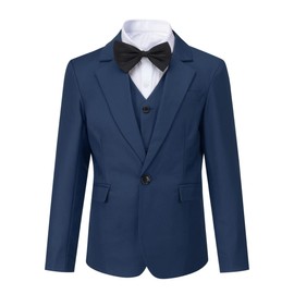 Trajes de esmoquin de 3 piezas para niños, chamarra de ajuste delgado, chamarra de solapa con muescas, chaleco de pantalones formales para vestir con anillo, marino, 10 Años