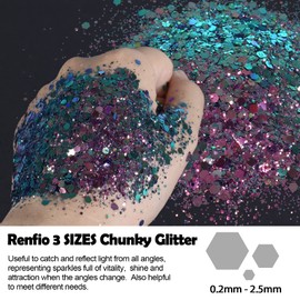 Renfio Chameleon Chunky Glitter, Mixed Fine Powder Color Shift 1.75 Oz (50g) PET Flake Hexagon Purple Green Glitters Sequin Resin Pigment Chip Dust for Slime Painting Craft Hair Nail - Sauteed Pitaya