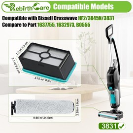 3831 Brush Roll and Filter Replacement Parts for Bissell Crosswave Hard Floor Expert Vacuum 3831 HF2 3845N 3847 3848 4 Pack for Floor Scrubber Wet Dry Vacuum Accessory Kit, 2 Brush Rolls & 2 Filters