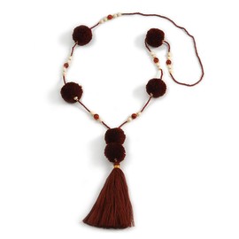 Avalaya Long Deep Brown Pom Pom, Glass Bead, Tassel Necklace/ 88cm L/ 17cm Tassel