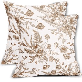 Brown and White Flowers Pillow Covers 2 Packs 18x18 Inch Vintage Brown Flowers Throw Pillowcase Cotton Linen Decorative Morden Floral Outdoor Cushion Cover for Patio Sofa Bedroom Indoor Outdoor Party