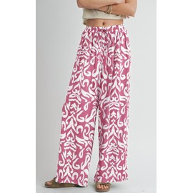 PRETTYGARDEN Womens Pants Elastic Waist Floral Lightweight Palazzo Pants for Women Casual Lounge Wide Leg Pants Woman (Pink, X-Large)