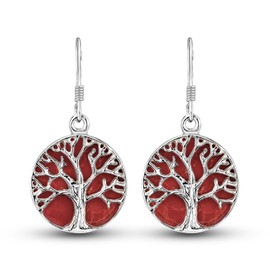 AeraVida Mystical Tree of Life Reconstructed Red Coral Inlay .925 Sterling Silver Dangle Earrings | Elegant Nature-Inspired Earrings for Women | Sterling Silver and Red Coral Jewelry