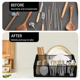Mowhut Utensil Holder,Silverware Organizer Countertop,Paper Plate Dispenser with 6 Compartments,Metal Mesh Caddy for Cups Spoons Forks Plates Napkins, Kitchen Accessories,Black