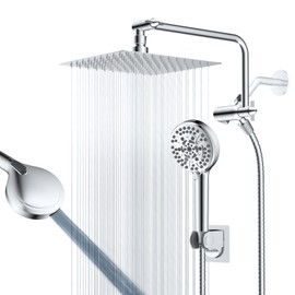 All Metal Shower Head, 10" High Pressure Rainfall/Handheld Shower Combo with 11" Extension Arm, 10-Spray Handheld Showerhead, 71" Long Hose, 3-Way Diverter Valve, Chrome