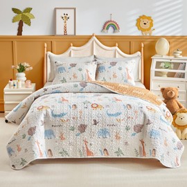 Joyreap 3 Pieces Full/Queen Size Cotton Quilt Set, Zoo Theme Animals White n Orange Design, Cozy Lightweight Bedding Set Quilt Bedspread Bed Cover for for Kids Boys n Girls- 90x90 inches