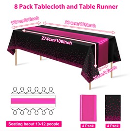 8Pack Disposable Plastic Party Tablecloths and Satin Table Runner Set Black Hot Pink Dot Table Cloth Hot Pink Satin Table Runner for Wedding Birthday Baby Shower Anniversary Holiday Party Decorations