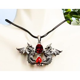 Ebros Red Bloodstone Gems Dual Winged Guardian Dragons Jewelry Pewter Alloy Medallion Pendant with Rubber Cord Necklace As Unisex Accessory