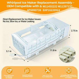 Upgraded W11455232 Ice Maker Replacement, Replaces W11397137 W11397055 4962306 AP6990738 PS16220914 EAP16220914 for Refrigerator