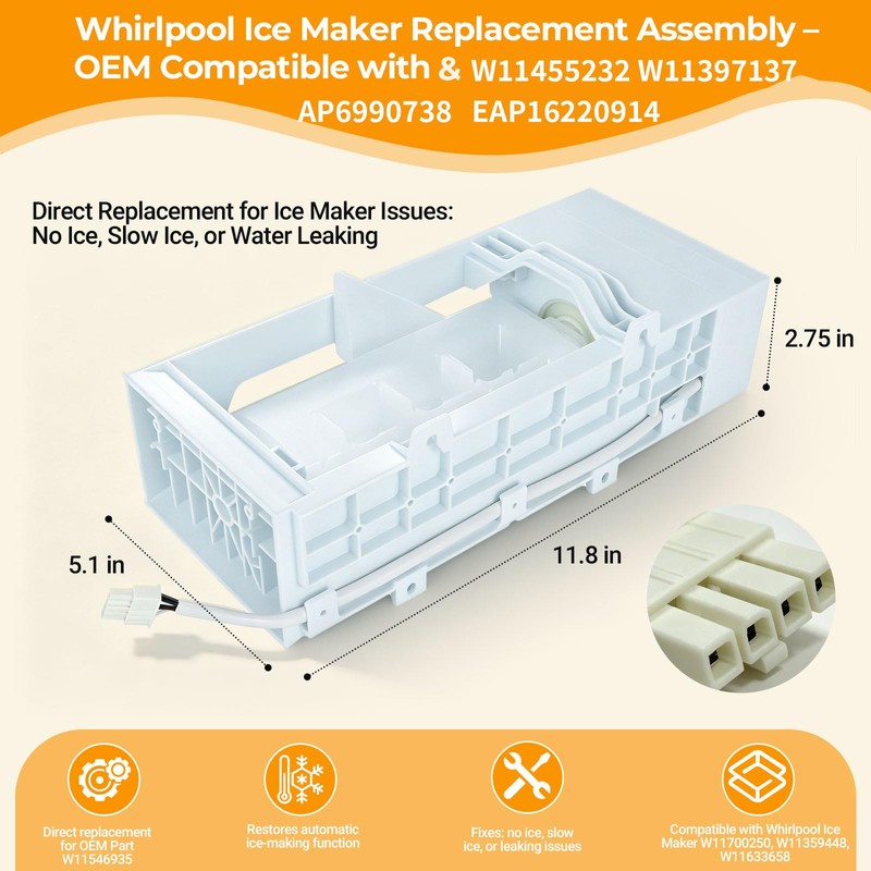 Upgraded W11455232 Ice Maker Replacement, Replaces W11397137 W11397055 4962306 AP6990738