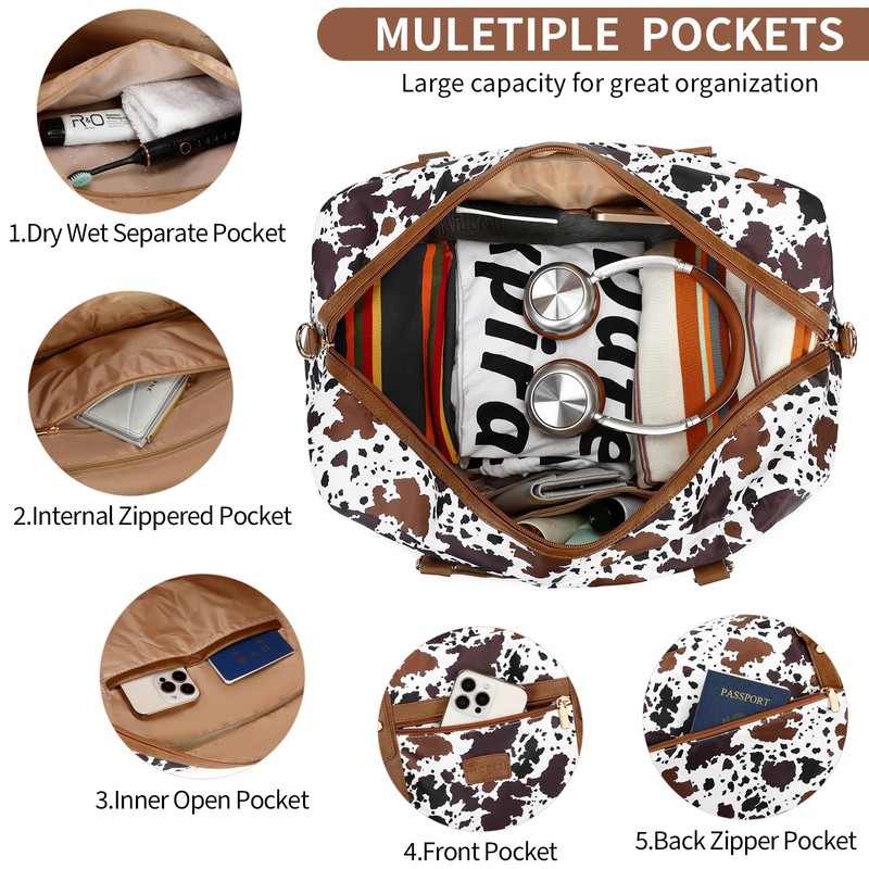 3PCS Weekender Bags for Women Large Overnight Bag, Brown Cow