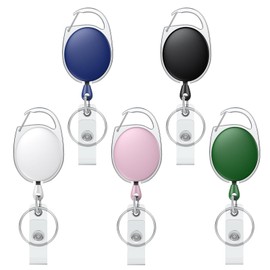 Pawfly 5 Pack Retractable Badge Reel for Badge Holder Heavy Duty Retractable Keychain Strong Colorful ABS Casing with Stainless Steel Spring Coil 24 Inch Nylon Rope Carabiner and Key Ring, 5 Colors