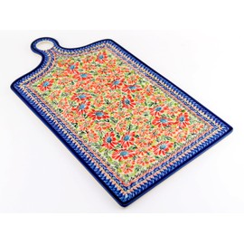 Polish Pottery Market Extra Large Cutting Board From Zaklady Ceramiczne Boleslawiec Unikat Floral Garden Pattern, Dimensions: Length: 16", Width: 10"