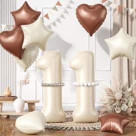 11 Cream White Balloons with Neutral Star Heart Design for 11th Birthday Party or 1st Baby Shower Decorations