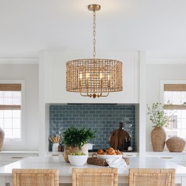 ElesiLuce 19.88“ Boho Rattan Chandelier Vintage Farmhouse 6-Lights Hand-Woven Bamboo Chandelier Light Fixture Rustic Modern Drum Wicker Golden Chandelier for Dining Room, Kitchen, Living Room, E12