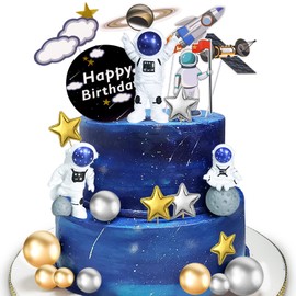 22 decoraciones para tartas espaciales de astronauta, decoración para tartas del espacio exterior, cifras de astronauta, planeta, cohete, estrellas y bolas de perla, decoración de pasteles para niños, cumpleaños, baby shower
