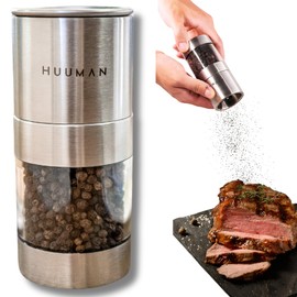 Huuman Salt or Pepper Grinder with Adjustable Coarseness Ceramic Burr, Stainless Steel Manual Salt or Pepper Grinder Perfect for Pink Himalayan Salt, Table Salt, Peppercorns, and Black or White Pepper