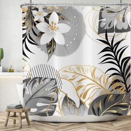 ASDCXZ Shower Curtain Black Gold Leaves 180 x 180 cm, Abstract Hand-Painted White Flowers Tropical Leaves Washable Bathroom Shower Curtains Waterproof Polyester Textile Shower Curtain for Bath with 12