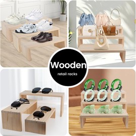 3-Tier Small Risers Display Stands, Wooden Retail Display Rack for retail Rustic Tabletop Display rack for cupcakes, collectibles,jewelry, perfum, Funko Pop Figures