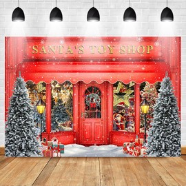 Mocsicka 10x8ft Christmas Santa's Toy Shop Photo Backdrop Snow World Xmas Family Holiday Photography Background Red Showcase Christmas Tree Candy Cane Christmas Supplies Decor Studio Prop