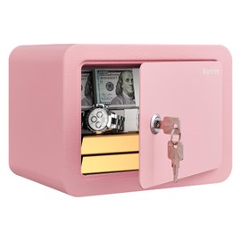 Marcree 0.23 Cubic Small Safe Box for Home, Mini Safe for Kids, Pink Safe with Key, Security Cabinet Safe with Cutting-edge Bending, Lock Box with Keys for Money Cash, 6.69 x 9.06 x 6.69 Inches, Pink