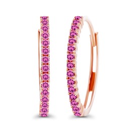 Solid 14K Rose Gold Round Created Pink Sapphire Birthstone Huggie Hoop Earrings For Women