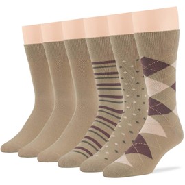 7BIGSTARS KINGDOM Men's Dress Socks Cotton -6 pack- Assortment Thin Business Casual Argyle, Dotted, Striped, Solid, Sock Size 10-13 Shoe Size 9-12 L Khaki (A17)