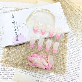 LWTZLW Pink French Tip Press on Nails Ripple Design Medium Almond Fake Nails French Tip Full Cover Glue on Nails 3D Ripple Oval Acrylic False Nail Pink Glossy Artificial Nail Reusable For Women