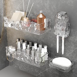 Auproud Acrylic Shower Shelves with Soap Dish & Toothbrush Holder, Clear Plastic Shower Caddy, Adhesive Bathroom Organizer Wall Mount, No Drill Installation 4 Pack