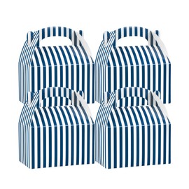 Restaurantware Bio Tek 6 x 3.5 x 3.5 Inch Gable Boxes For Party Favors, 25 Attractive Gift Boxes - Striped Design, With Built-In Handle, Blue And White Paper Barn Boxes, Disposable, For Parties