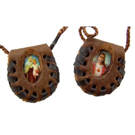 Religious Art Sacred Heart Jesus Christ with Our Lady Mount Carmel Leather 12 Inch Cord Scapular Necklace