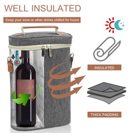ZORMY 2 Bottle Insulated Wine Tote Bag, Wine Carrier Travel Padded Cooler Bag with Shoulder Strap & Corkscrew Opener, Perfect Wine Lover's Gift, Great for Picnics Grey