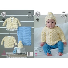 King Cole Baby Chunky Knitting Pattern Cable Knit Sweater Cardigan Hat & Blanket (4847),Multicolor,14" - 22" chest