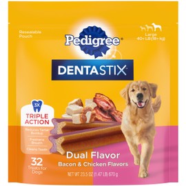 Pedigree Pedigree Dentastix Dual Flavor Large Breed Dog Treats, Bacon & Chicken, 1.47 lb. Bag (32 Treats)