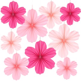 PheiLa 9 Pcs Pink Party Paper Flowers Decorations Hot Pink Paper Fans Hanging Ornaments Paper Floral Backdrop Decor Wedding Birthday Party Valentine's Day Engagement Baby Showers Decoration