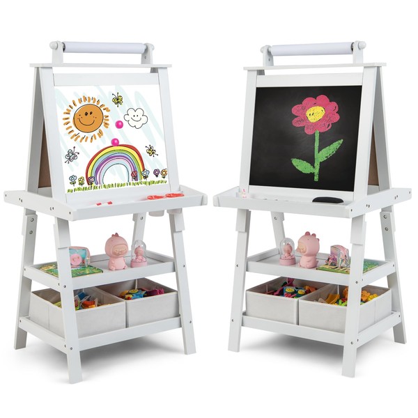 Costzon Kids Art Easel, 3 in 1 Double-Sided Storage Easel w/Whiteboard, Chalkboard & Paper Roll, 2-Tier Rack w/ 2 Storage Boxes, Large Capacity Tool Tray for Toddlers (White)