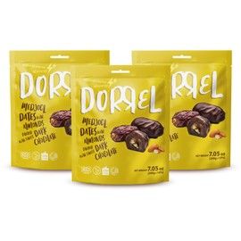 DORREL - Belgian Dark Chocolate Covered Dates (Medjool) with Salted Almonds Stuffing, High Energy Vegan Choco Snack, Delicious, Kosher & Non-GMO, Pack of 3 Stuffed Chocolate Dates, 7.05 oz / 200 g Ea