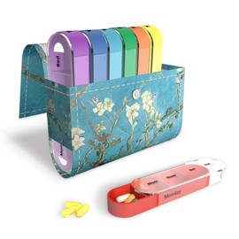 Jasenna Pill Organizer,Weekly Travel Pill Case Box Medication Reminder Daily AM PM,Day Night 7 Compartments,for 4 Times A Day,7 Days a Week-Includes Leather PU Carrying Case(1-Peach Blossom)