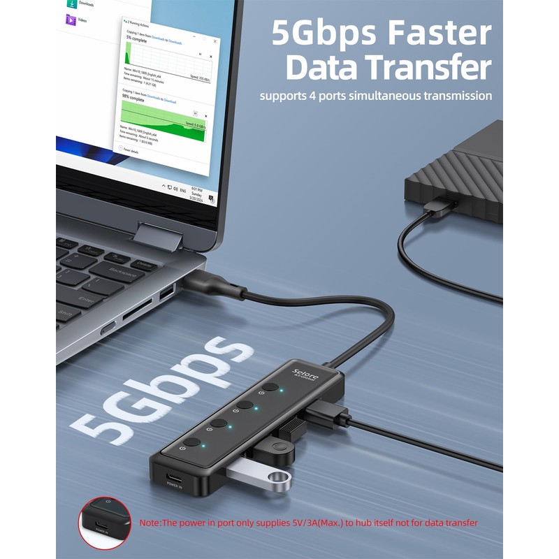Selore 4-Port USB 3.0 Hub Ultra-Slim Data USB Splitter USB