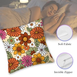 SKYDAWNY Retro 70s Groovy Flowers Throw Pillow Cover 18x18 in,Colorful Decorative Pillow Cases Set of 2 for Home Living Room Bed Sofa Bedroom Decor Cases Square Outdoor