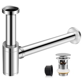 EXLECO Siphon with Drain Fitting 1 1/4 Inch x Diameter 32 mm Stainless Steel Siphon Odour Trap Adjustable Universal Chrome Pipe Siphon Tube Odour Trap for Washbasin with Overflow Hole